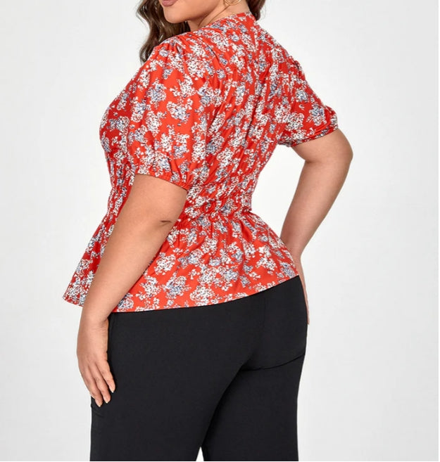 Plus Size Red Floral Puff Sleeve Elastic Waist Blouse