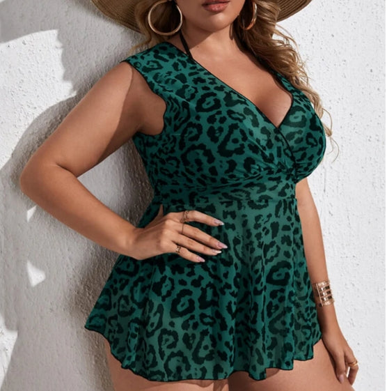 Plus Size Crisscross Leopard V-Neck Swim Dress