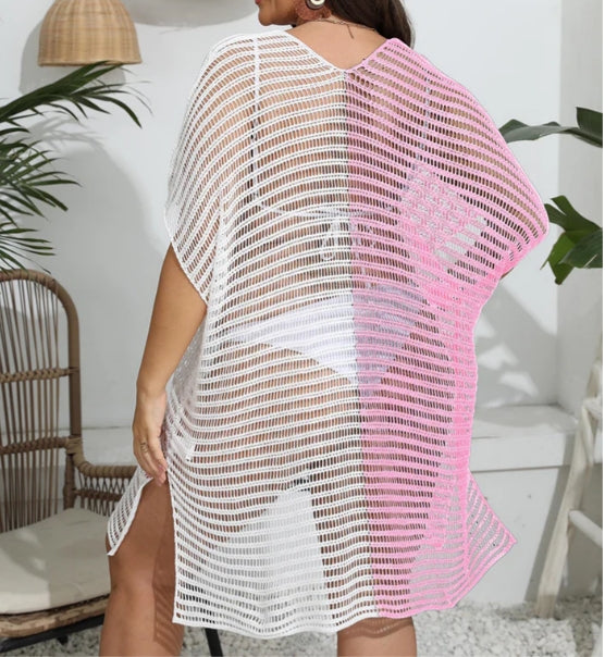 Colorblock Plus Size V Neck Hollow Out Cover Up