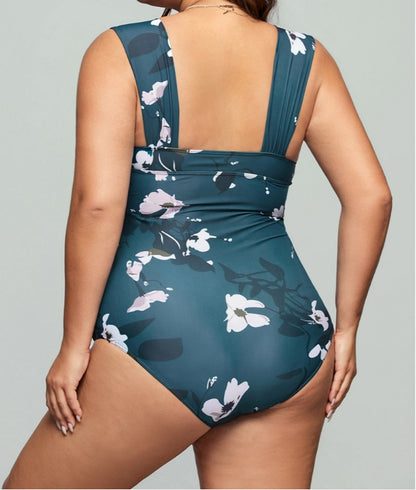 Floral Wide Straps Off Shoulder One-Piece Plus Size Swimsuit