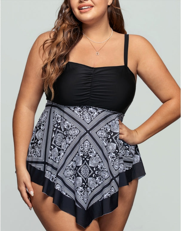 Black Print Square Neck Plus Size Swimdress