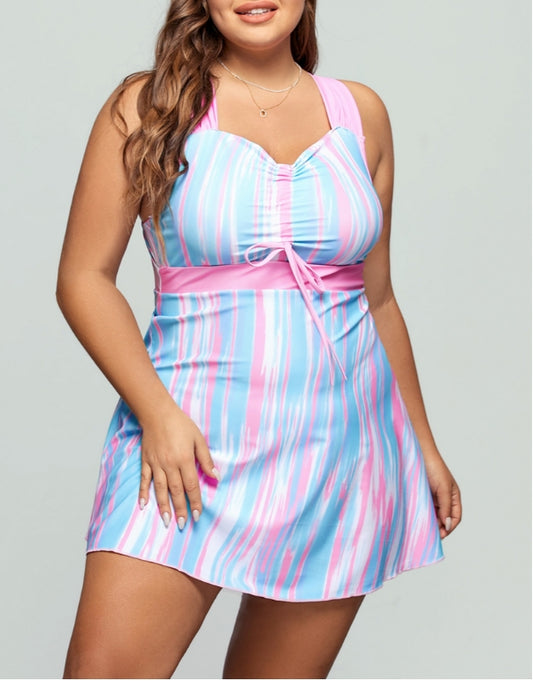 Light Pink Striped Sweetheart Neck Plus Size Swimdress