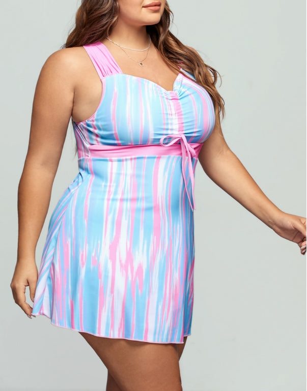 Light Pink Striped Sweetheart Neck Plus Size Swimdress