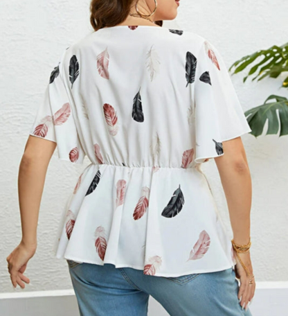 Plus Size White Feather Print Crisscross Ruffle Wrap Blouse