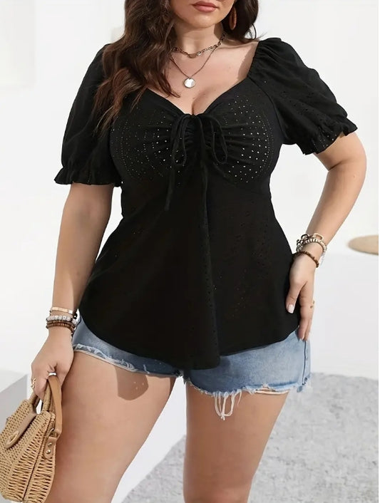 Plus Size Women's Hollow Drawstring Short Sleeve Top