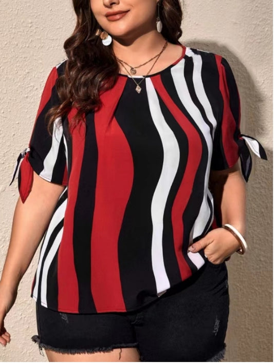 Pus Size Striped Print Knotted Cuffs Split-Sleeve top