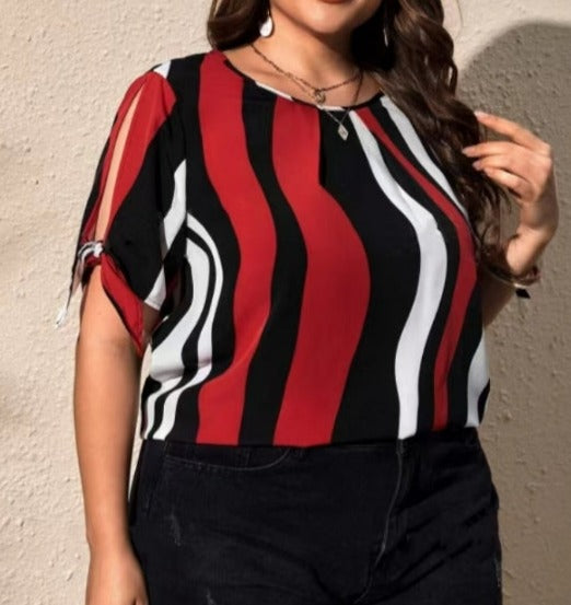 Pus Size Striped Print Knotted Cuffs Split-Sleeve top