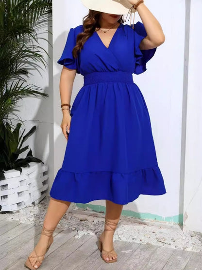 Waist V-neck Solid Color Plus Size Dress