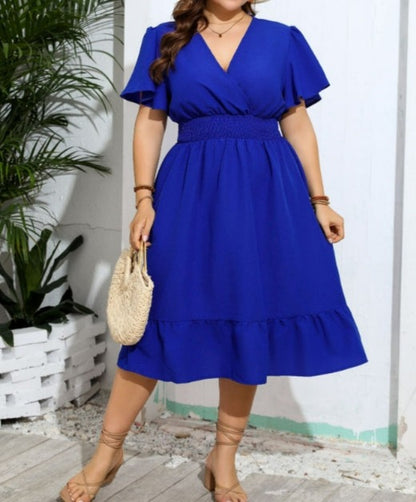 Waist V-neck Solid Color Plus Size Dress