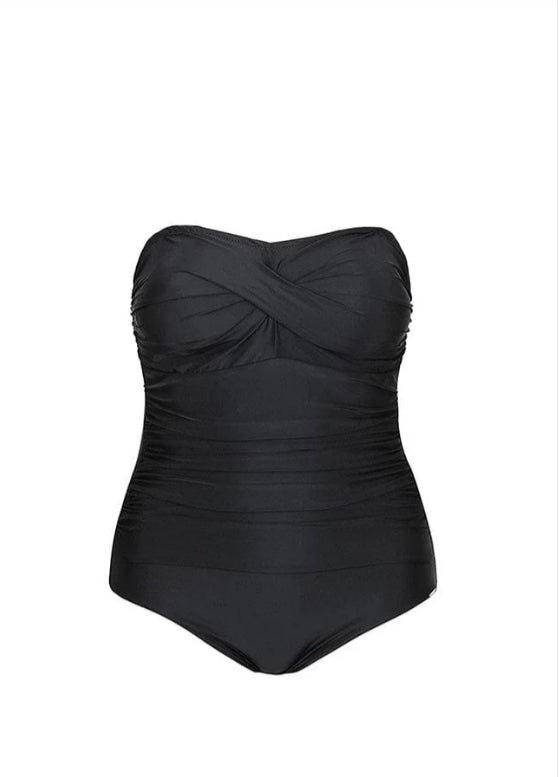 Pure Black Twisted Front Bandeau One-Piece Swimsuit