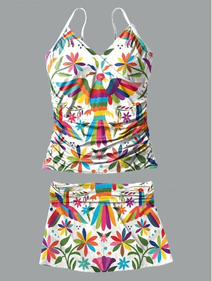 V-Neck Vintage Multicolor Birds Art Print Suspender Tankini Pantskirt Set