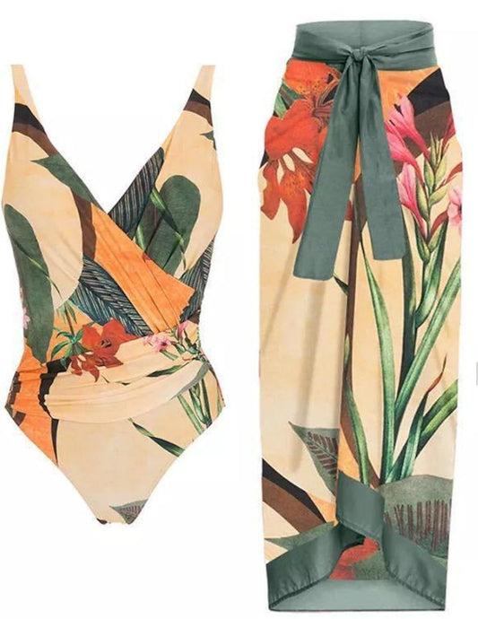 2 Piece Cover Up Vintage Floral Green One Piece Swimsuit