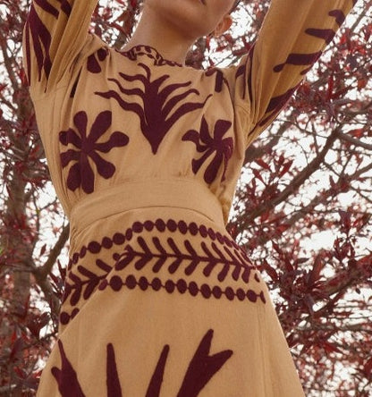 Embroidered Camel Print Top and Skirt Suit