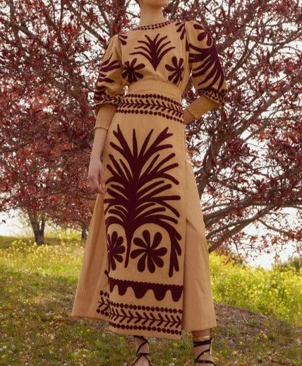 Embroidered Camel Print Top and Skirt Suit