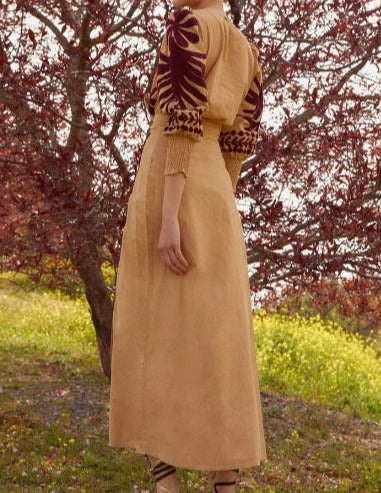 Embroidered Camel Print Top and Skirt Suit