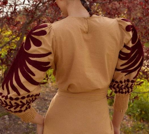 Embroidered Camel Print Top and Skirt Suit