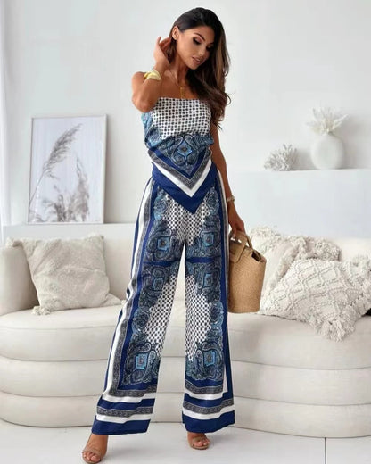 🌸Up to 80% off🔥 Unique Printed Sling Backless Strappy Top and Elastic Waisted Loose Pants Set