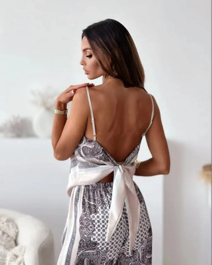 🌸Up to 80% off🔥 Unique Printed Sling Backless Strappy Top and Elastic Waisted Loose Pants Set