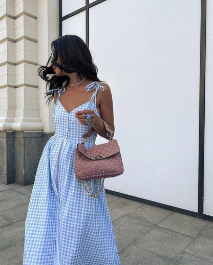 🌸Up to 50% off🔥 FRENCH STYLE RUFFLE SWEETHEART GINGHAM CAMI BEACH VACATION MIDI SUNDRESS