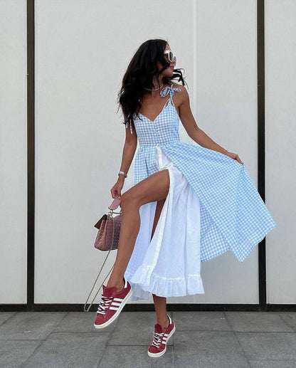 🌸Up to 50% off🔥 FRENCH STYLE RUFFLE SWEETHEART GINGHAM CAMI BEACH VACATION MIDI SUNDRESS