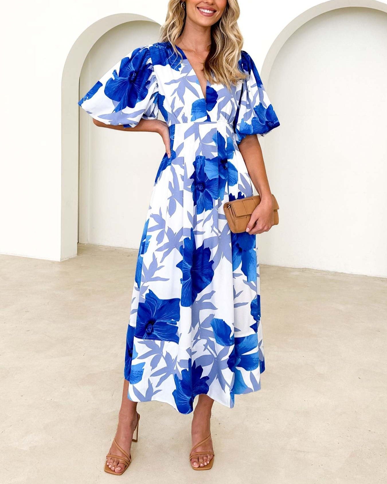 Summer Floral Print Bubble Sleeve Dress