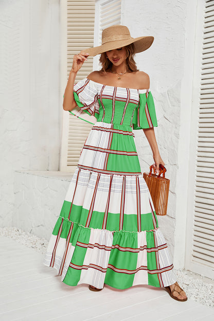 Summer One Line Collar Striped Dress