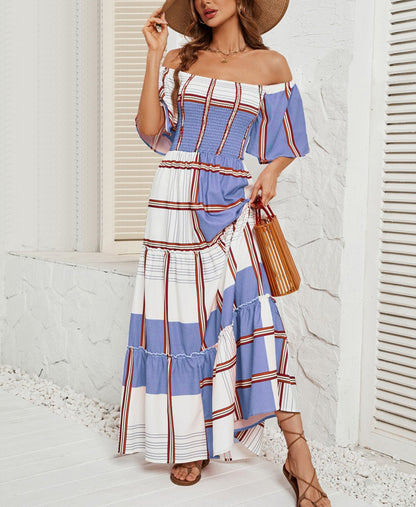 Summer One Line Collar Striped Dress