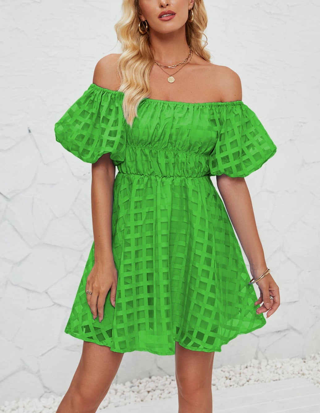 Off Shoulder Bubble Pleated Mini Dress