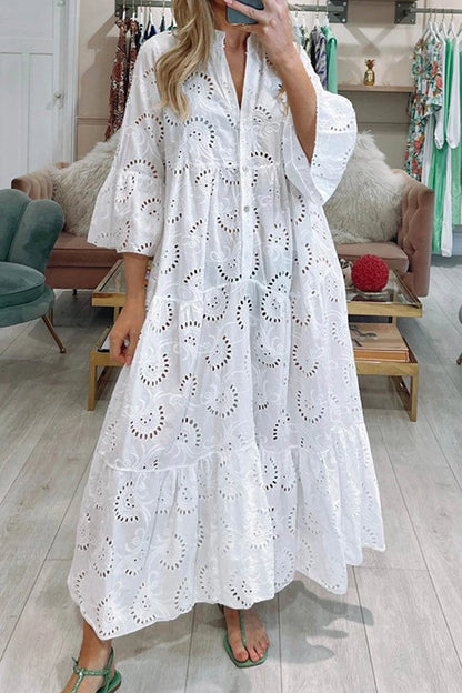 🌸Up to 80% off🔥 V Neck Flares Sleeve Embroidery Cotton Dress