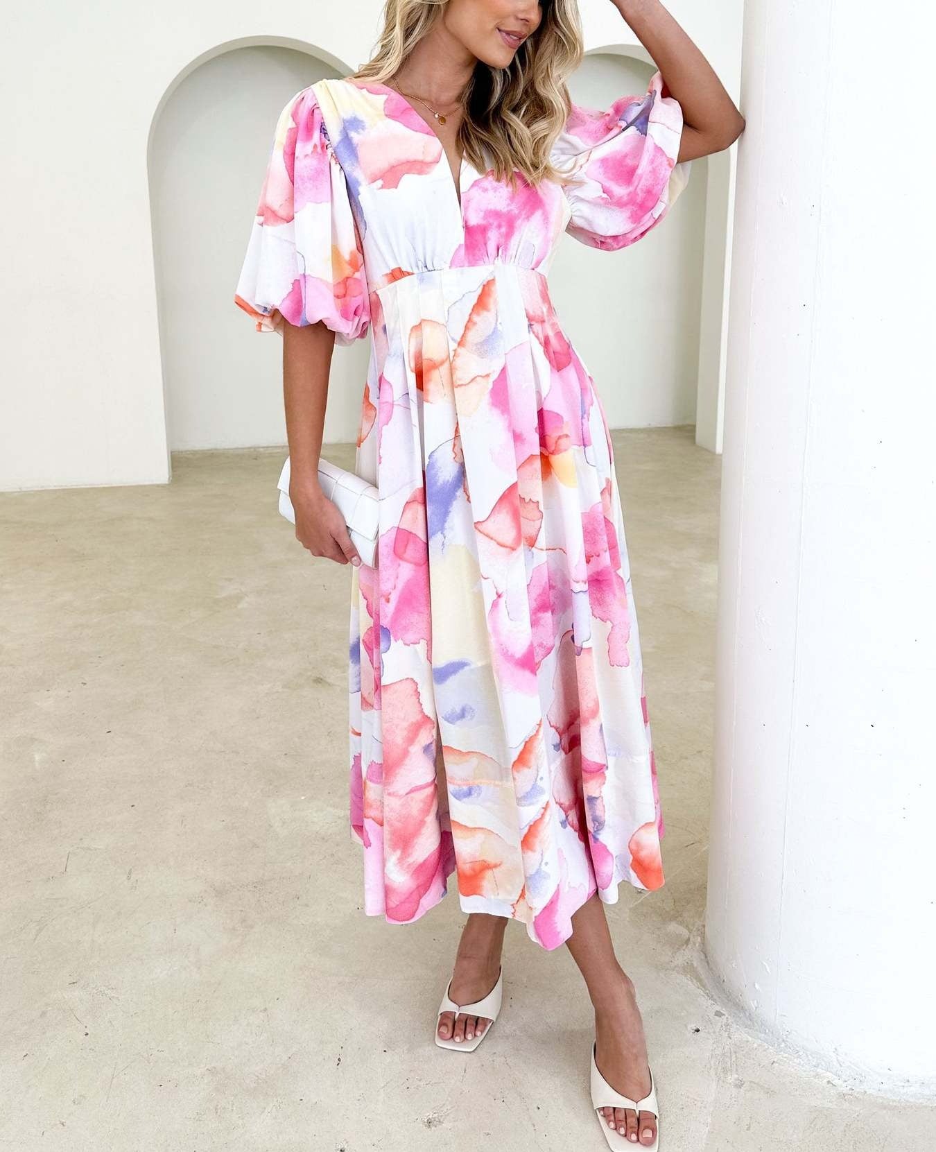 Summer Floral Print Bubble Sleeve Dress