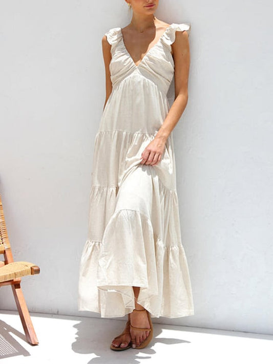 V-neck ruffled suspender holiday maxi dress