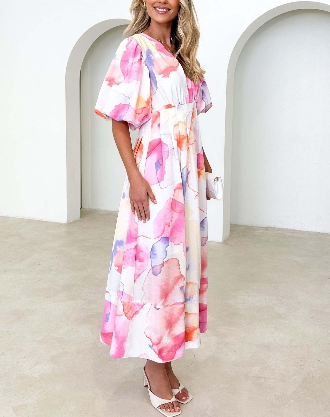 Summer Floral Print Bubble Sleeve Dress