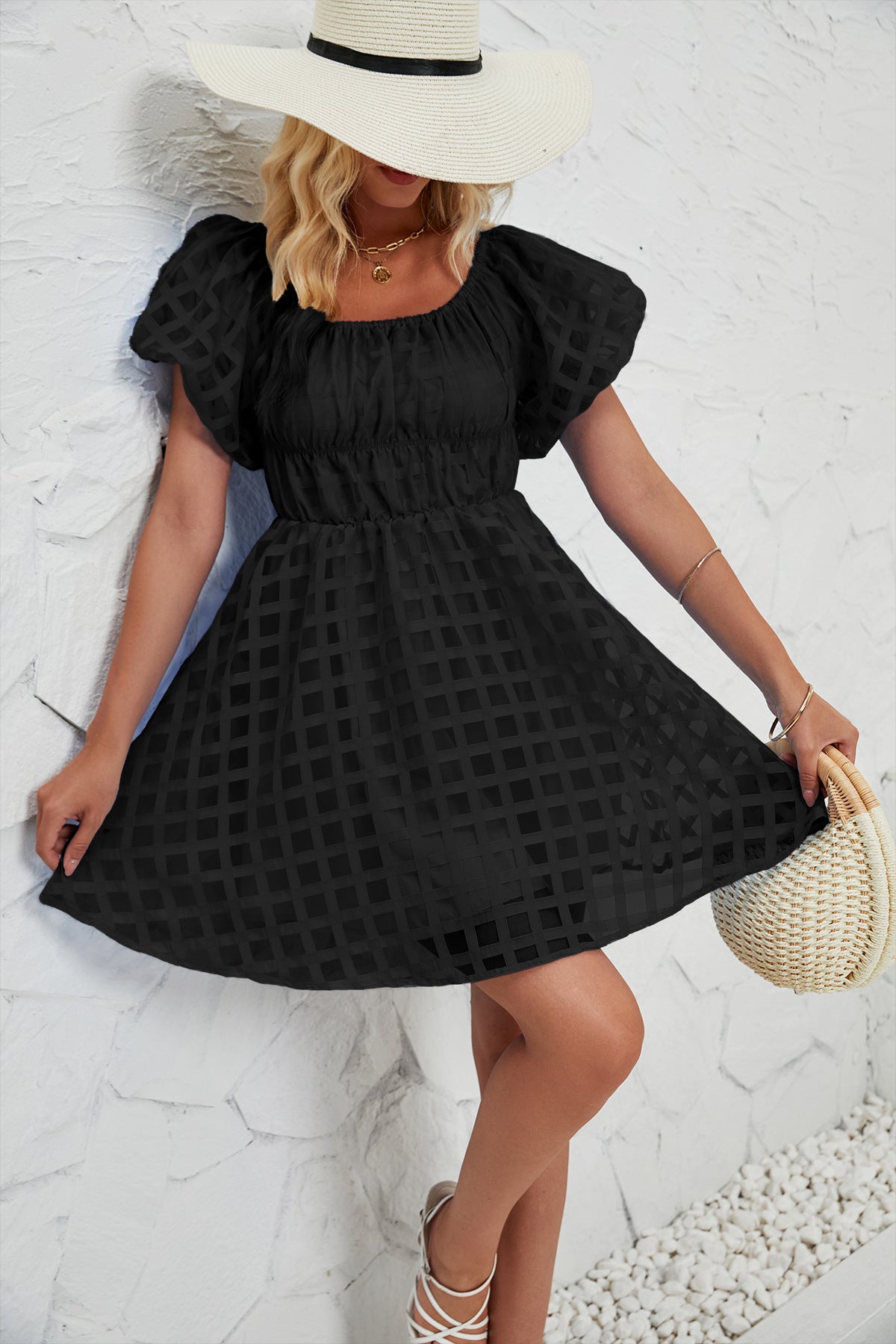 Off Shoulder Bubble Pleated Mini Dress