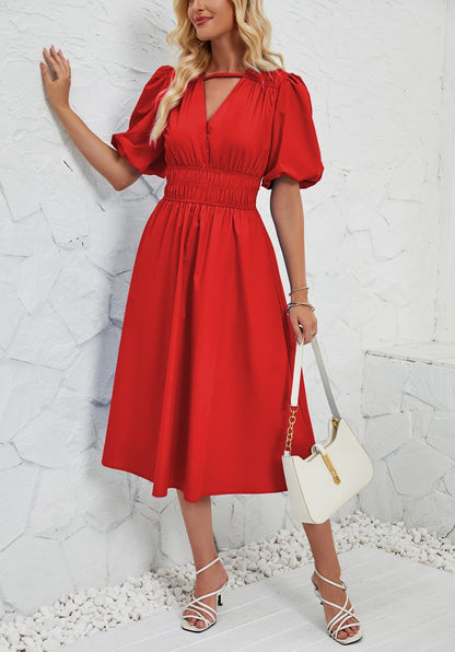 Summer Bubble Sleeves High Waist Dress