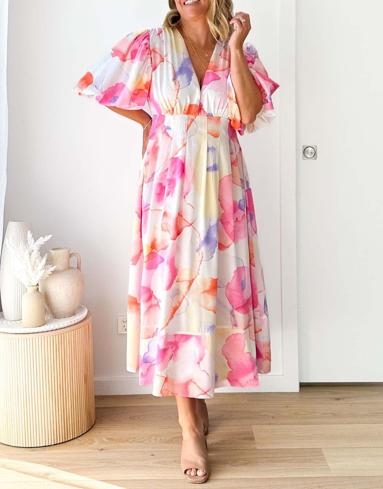 Summer Floral Print Bubble Sleeve Dress