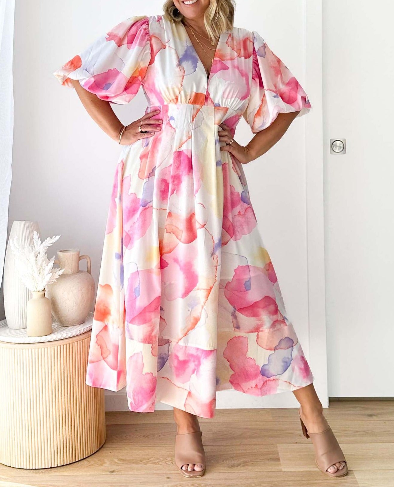 Summer Floral Print Bubble Sleeve Dress