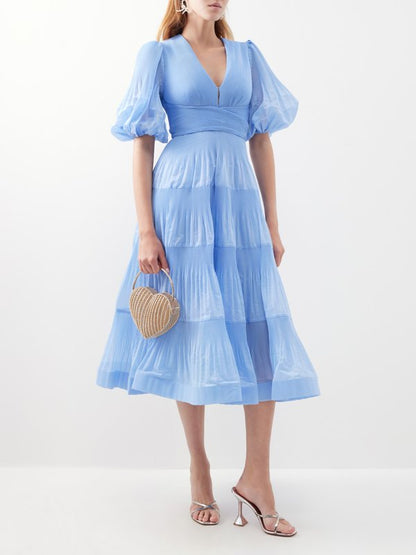 Pleated Tiered Twill Midi Dress