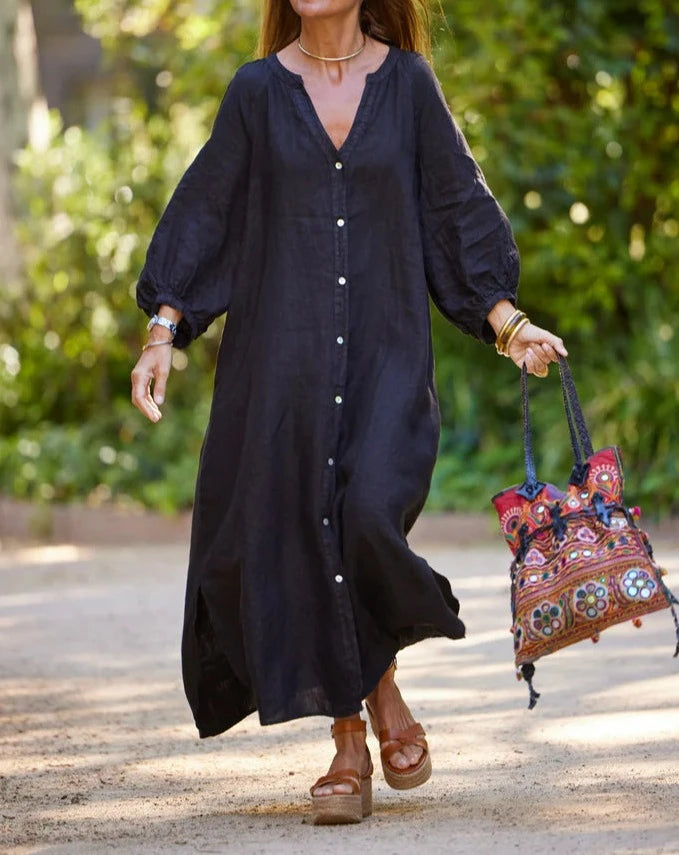 V Neck Long Sleeve Button Cotton Linen Maxi Dress