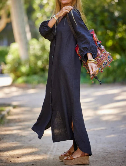 V Neck Long Sleeve Button Cotton Linen Maxi Dress