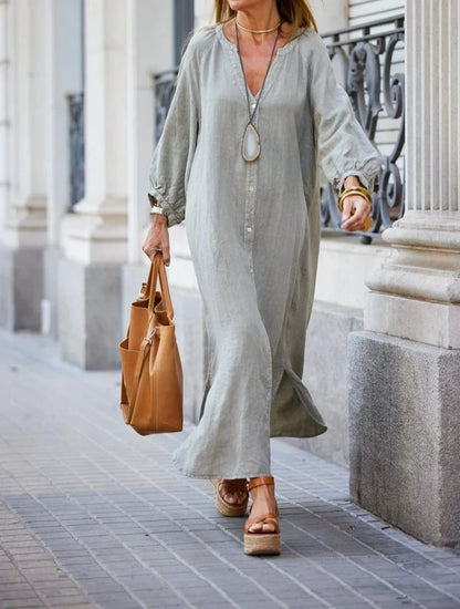 V Neck Long Sleeve Button Cotton Linen Maxi Dress