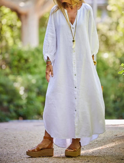 V Neck Long Sleeve Button Cotton Linen Maxi Dress