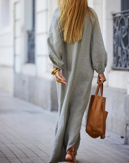 V Neck Long Sleeve Button Cotton Linen Maxi Dress