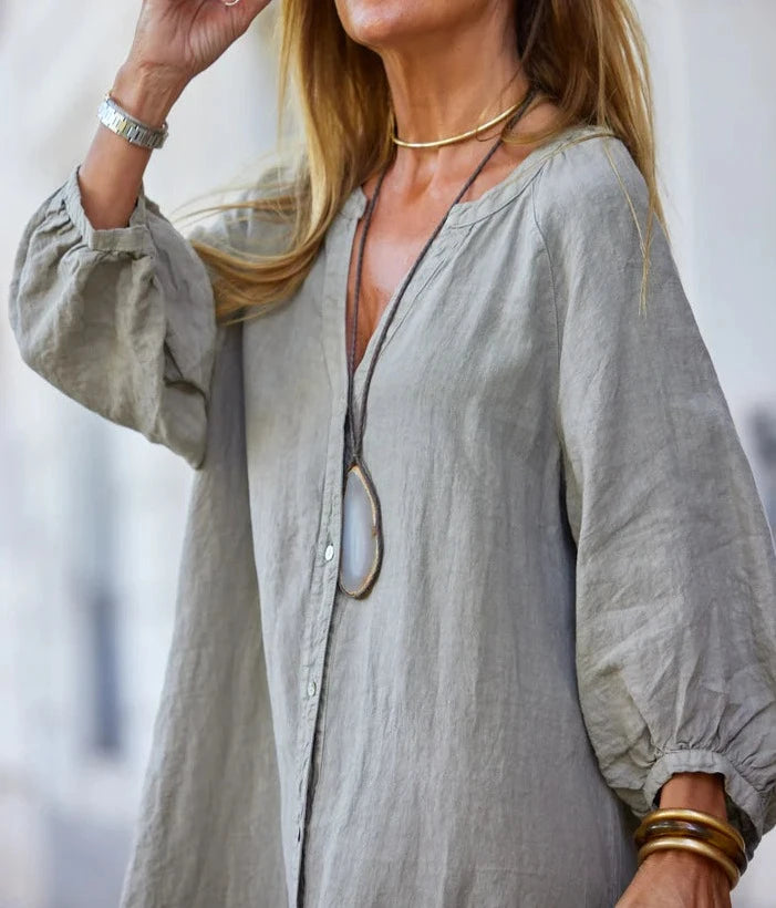 V Neck Long Sleeve Button Cotton Linen Maxi Dress