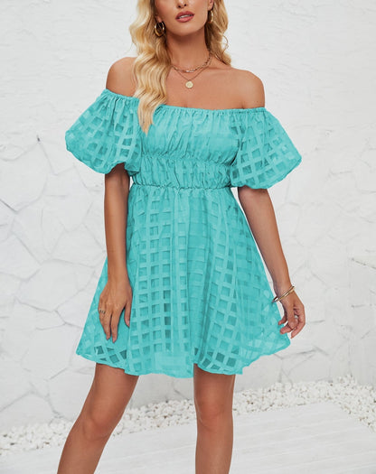 Off Shoulder Bubble Pleated Mini Dress