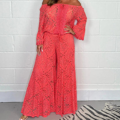 Bohemian multi-color lace trumpet sleeve two-piece suit