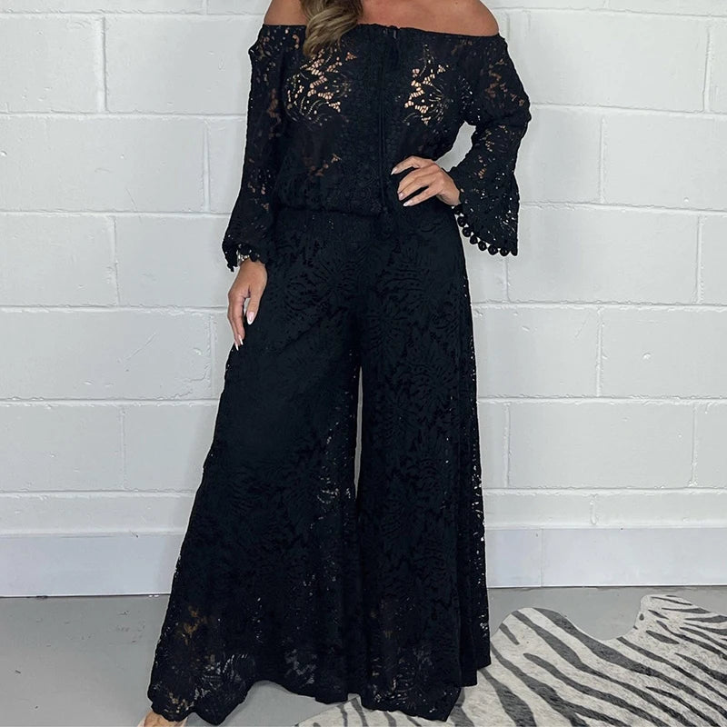 Bohemian multi-color lace trumpet sleeve two-piece suit