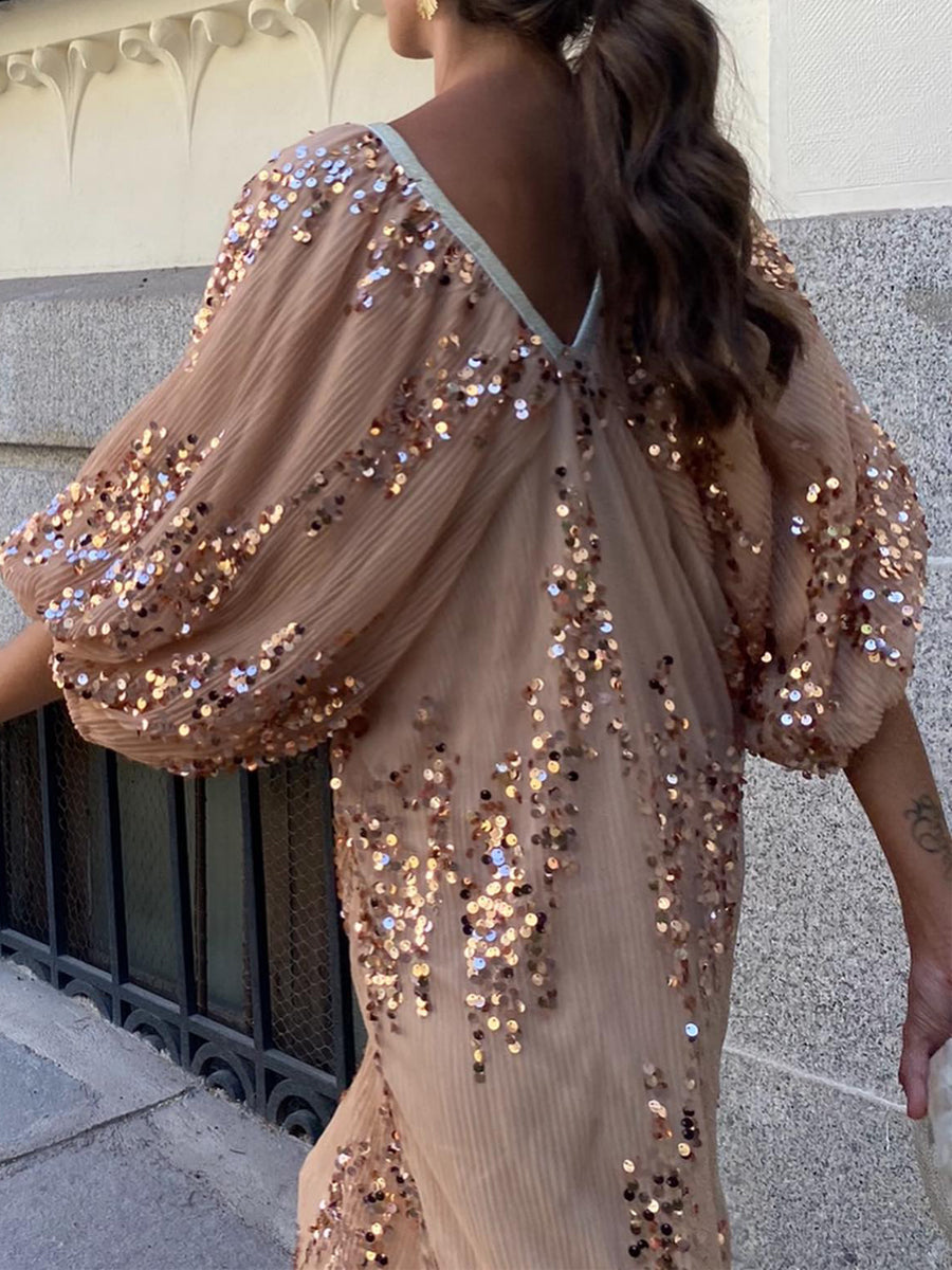 Batwing Sleeve Sequin Deep V-Neck Maxi Dress