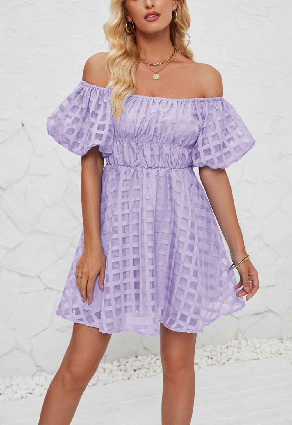 Off Shoulder Bubble Pleated Mini Dress