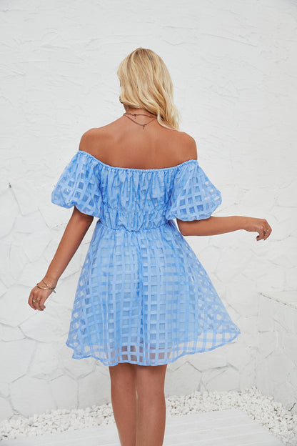 Off Shoulder Bubble Pleated Mini Dress