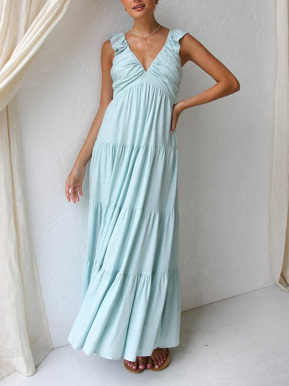 V-neck ruffled suspender holiday maxi dress